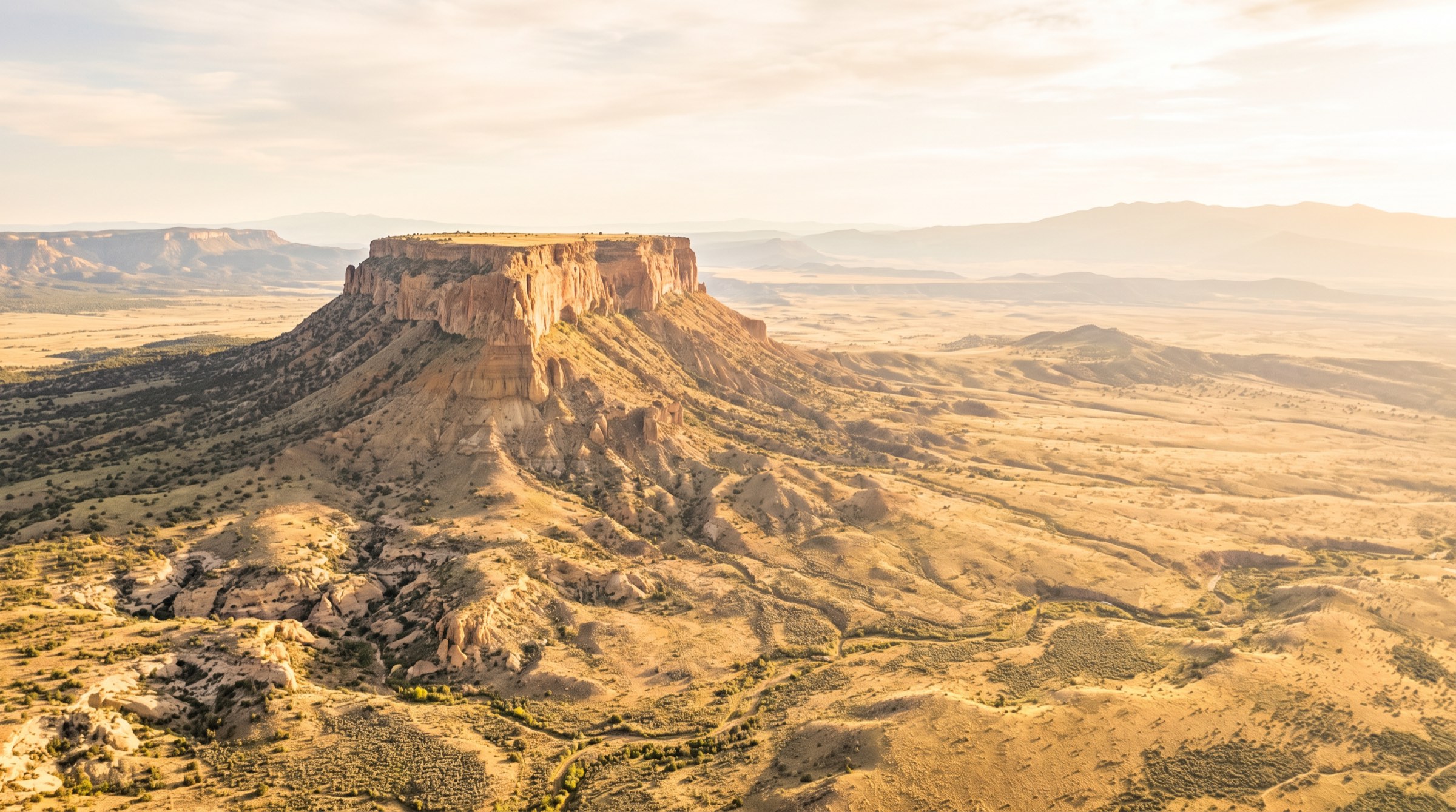 Aerial view of Western mesa and canyon country at golden hour